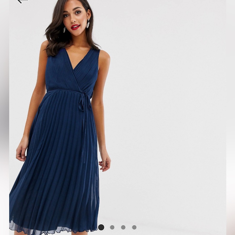 Asos wrap bodice pleated midi dress navy 12